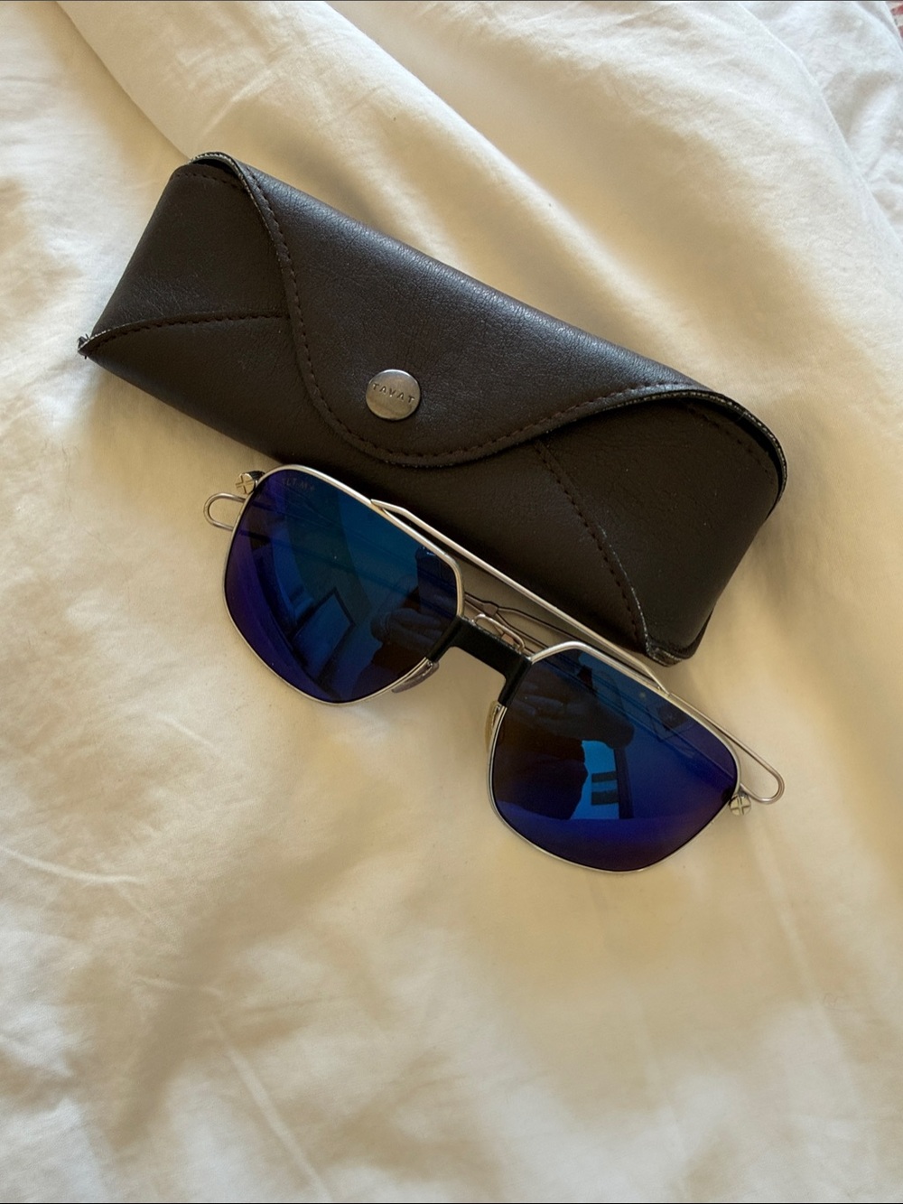 NWT TAVAT Kafee Racer Aviator Men’s Sunglasses Blue Mirrored Lens & Silver Frame